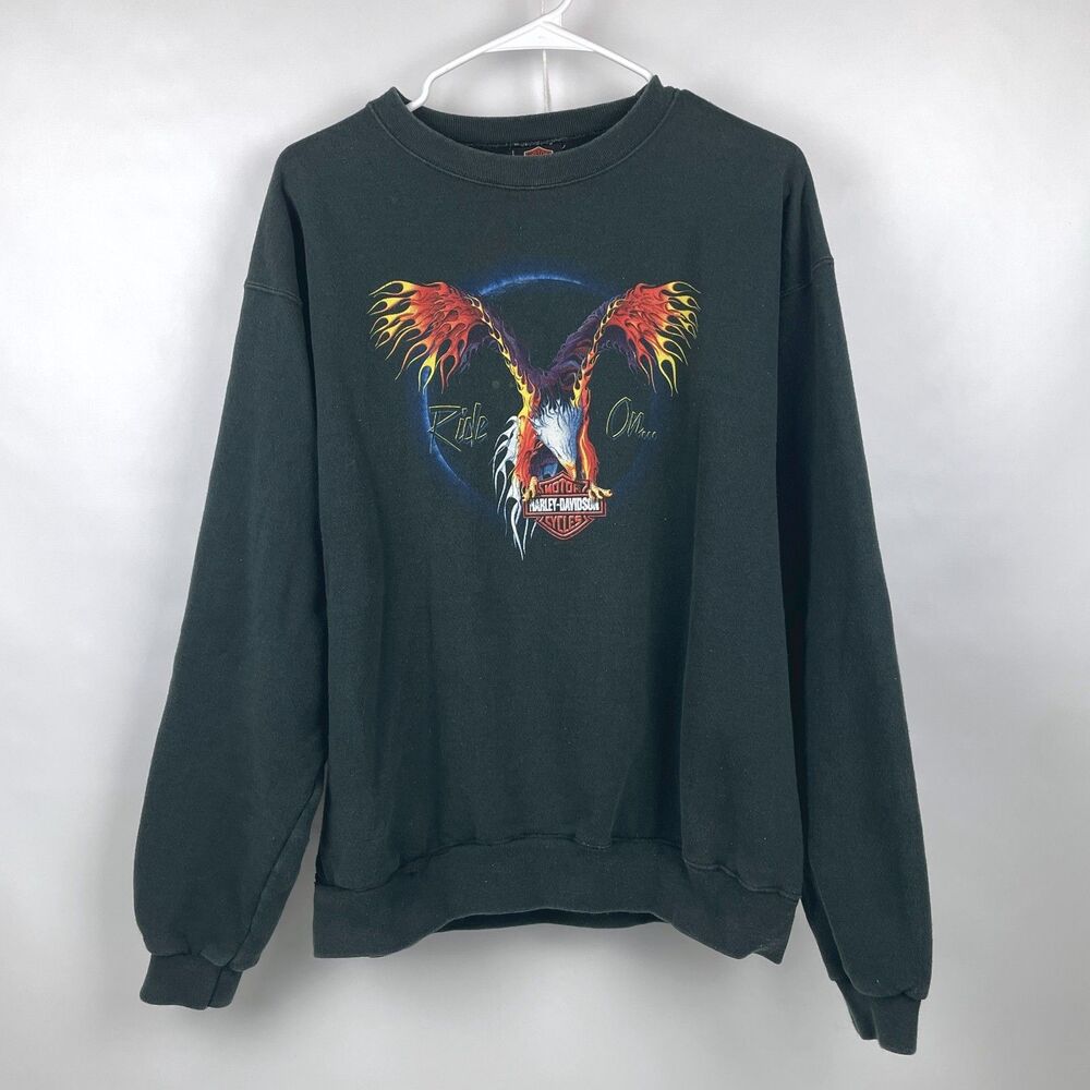 VTG 2001 Harley Davidson Hoodie Adult Large Ride On Flaming Eagle Y2K Sweatshirt
